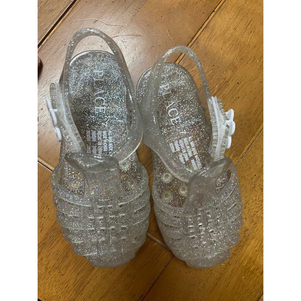Childrens Place Girls Clear Glitter Jelly Sandals Flower Charm Size 7 Toddler